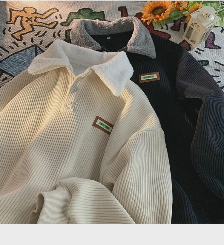 Мужская вельветовая толстовка с воротником-поло, осенне-зимний стиль, плюс бархатная утолщенная куртка из овечьей шерсти для подростков в гонконгском стиле