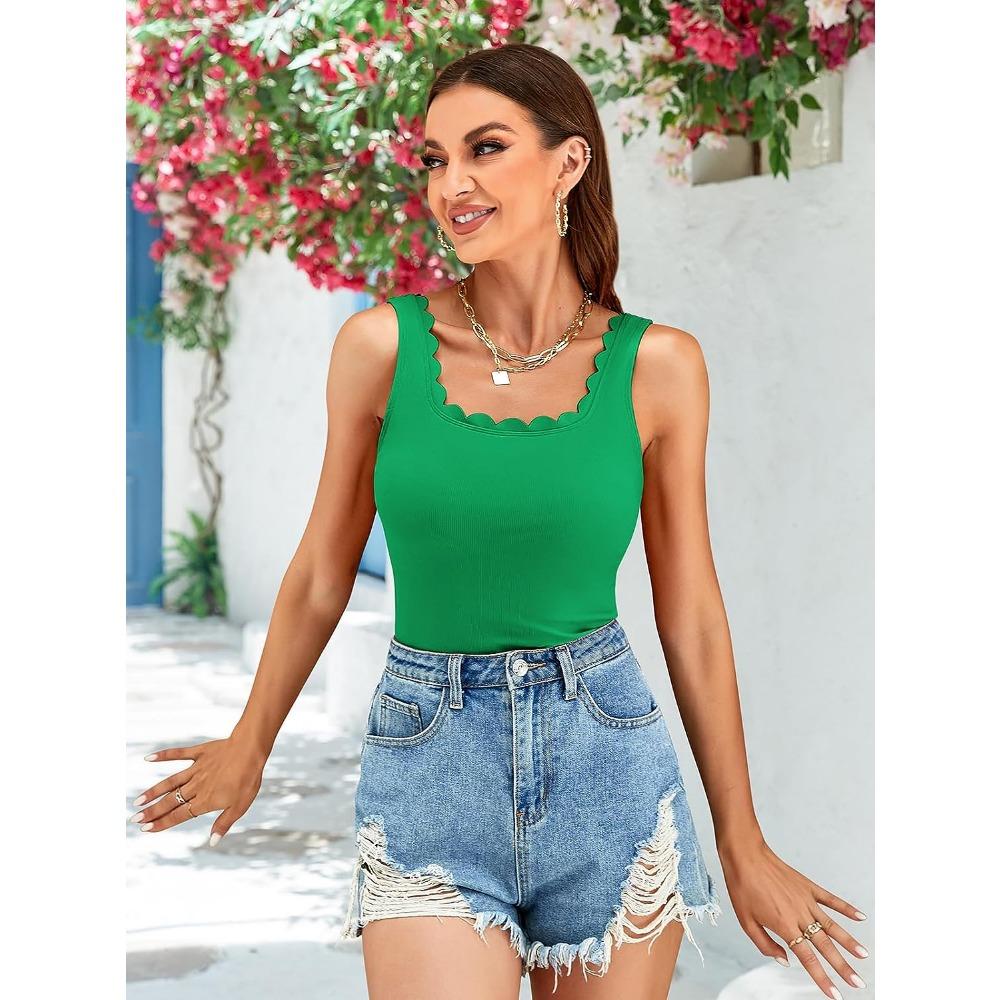 Attraco Встроенная бюстгальтерная майка для женщин с квадратным вырезом и отделкой фестонами, летняя майка без рукавов в рубчик