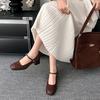 Sheepskin Version~ Retro Leather One-word Buckle Mary Jane Shoes Women's Thick High-heeled Square Head Shallow Mouth Splicing Single Shoes