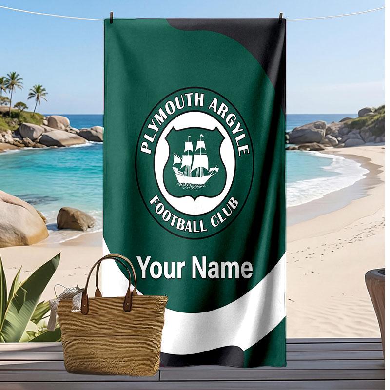 Plymouth Argyle FC Personalized Printed Beach Towel Soccer Logo Support Custom Name Text Absorbent Towel For Sport Travel Special Gift
