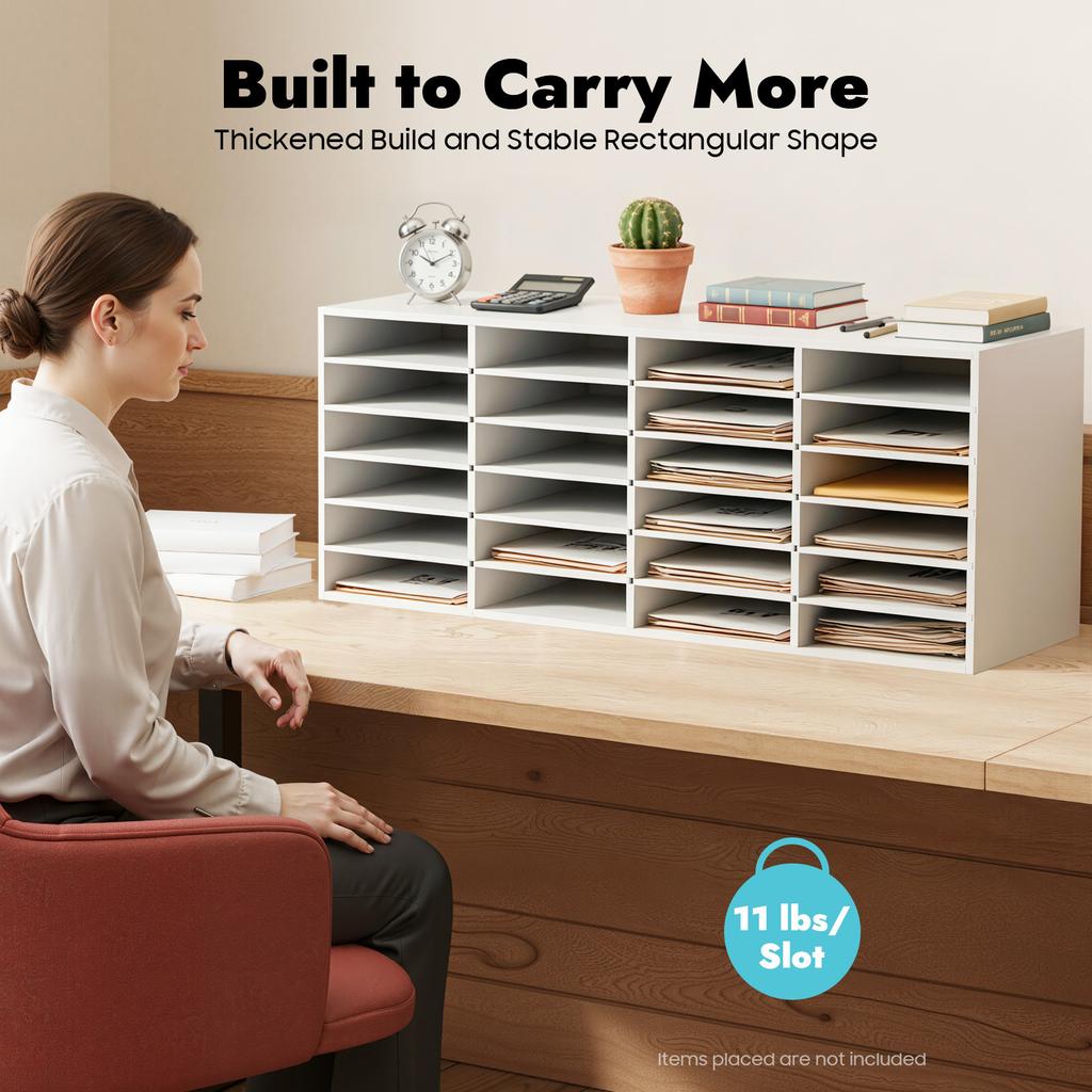 24-Slot Mail Sorter Organizer, White PVC Desktop File Sorter with Adjustable Shelves 6-Tier Stackable Document Holder for Office & Home