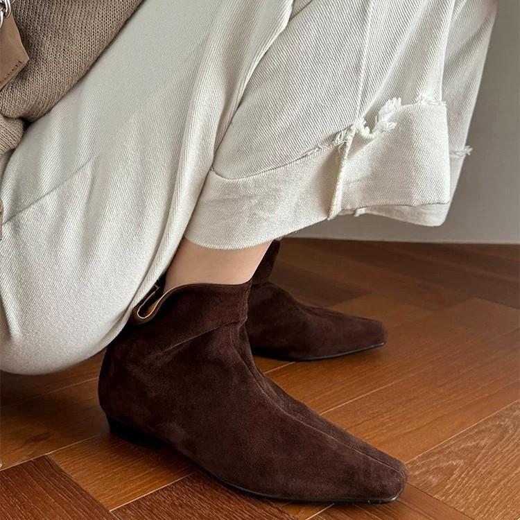 Французский простой стиль квадратный носок маленькие ботильоны на плоской подошве тонкие ботинки задняя молния короткие ботинки женские осень и зима новые универсальные ботинки Мартин