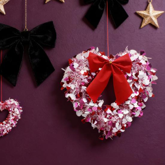 Tinsel Heart Shaped Wreath with Bow for Front Door Valentine's Day Red Pink Heart Wreath