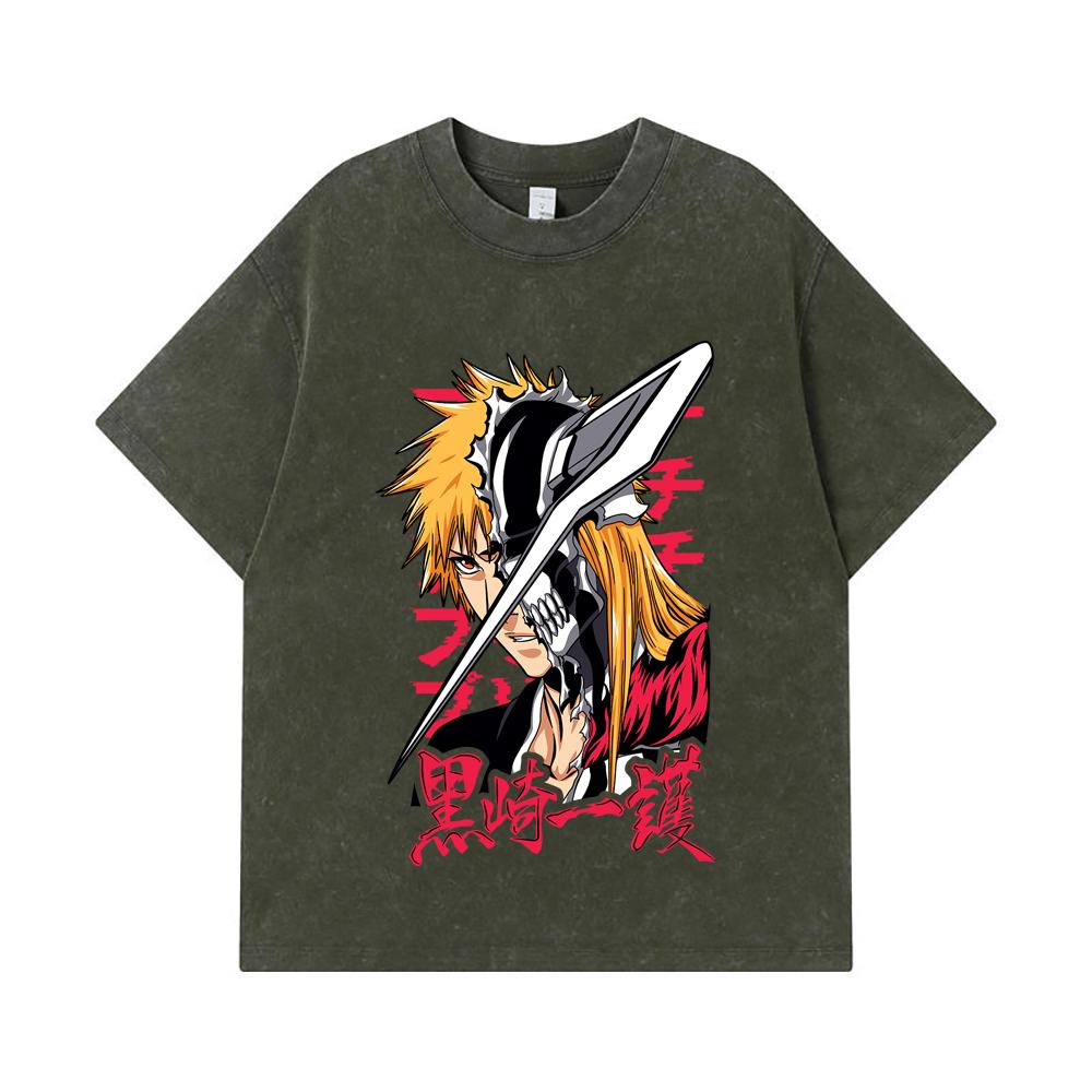 275 GSM Washed T-shirts 100% Cotton Bleach V4 Ichigo Print Unisex Heavy Cotton T Shirt