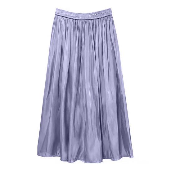 Skirt High Waist Long Skirt with Elastic Waistband Solid Color Glossy Chiffon Satin Skirt