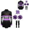 4Pcs Girls Cheer Leader Costume Long Sleeve Diamonds Dance Jumpsuit with Cheerleading Hand Flower Bowknot Hair Ties and Striped Knee High Tube Socks
