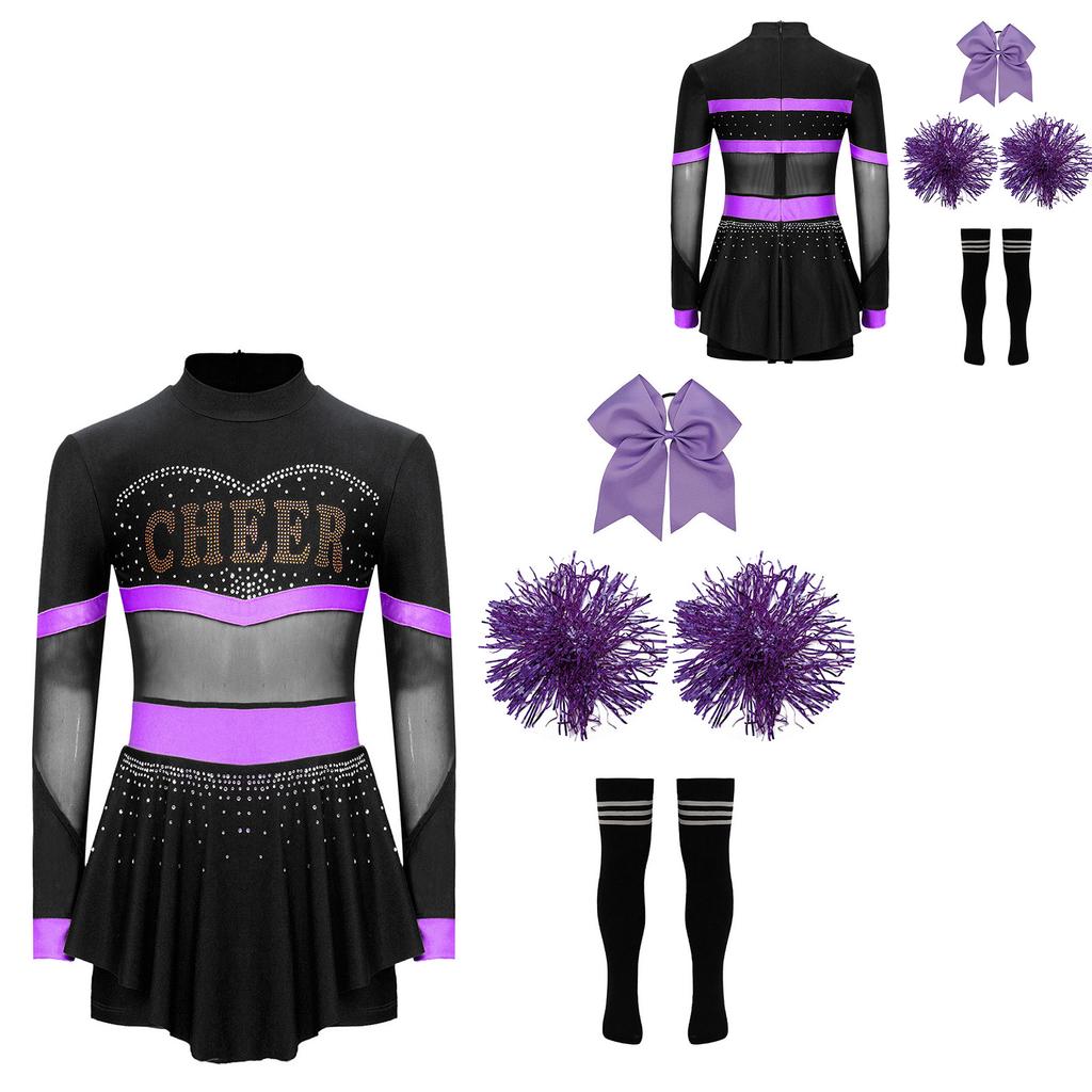4Pcs Girls Cheer Leader Costume Long Sleeve Diamonds Dance Jumpsuit with Cheerleading Hand Flower Bowknot Hair Ties and Striped Knee High Tube Socks