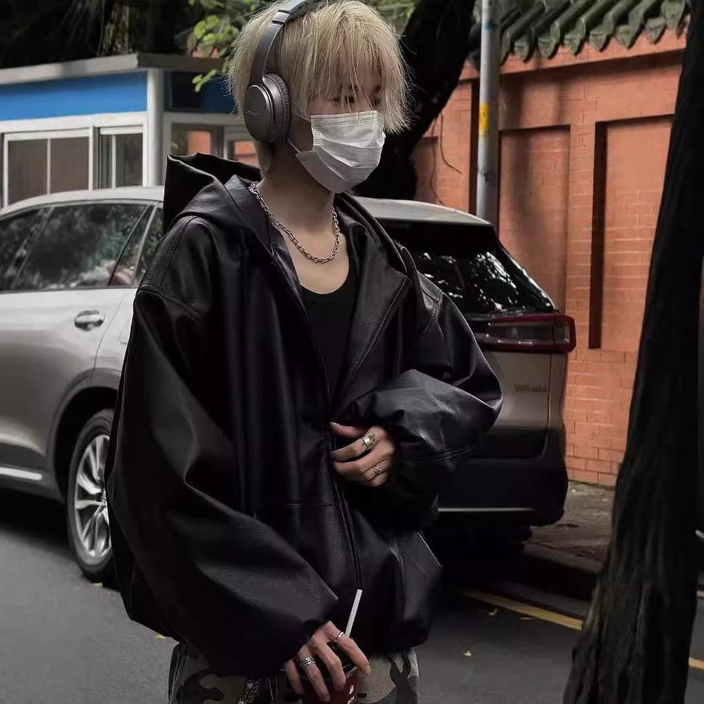 Мужская ретро черная куртка с капюшоном из искусственной кожи - Весенне-осенний бейсбольный стиль