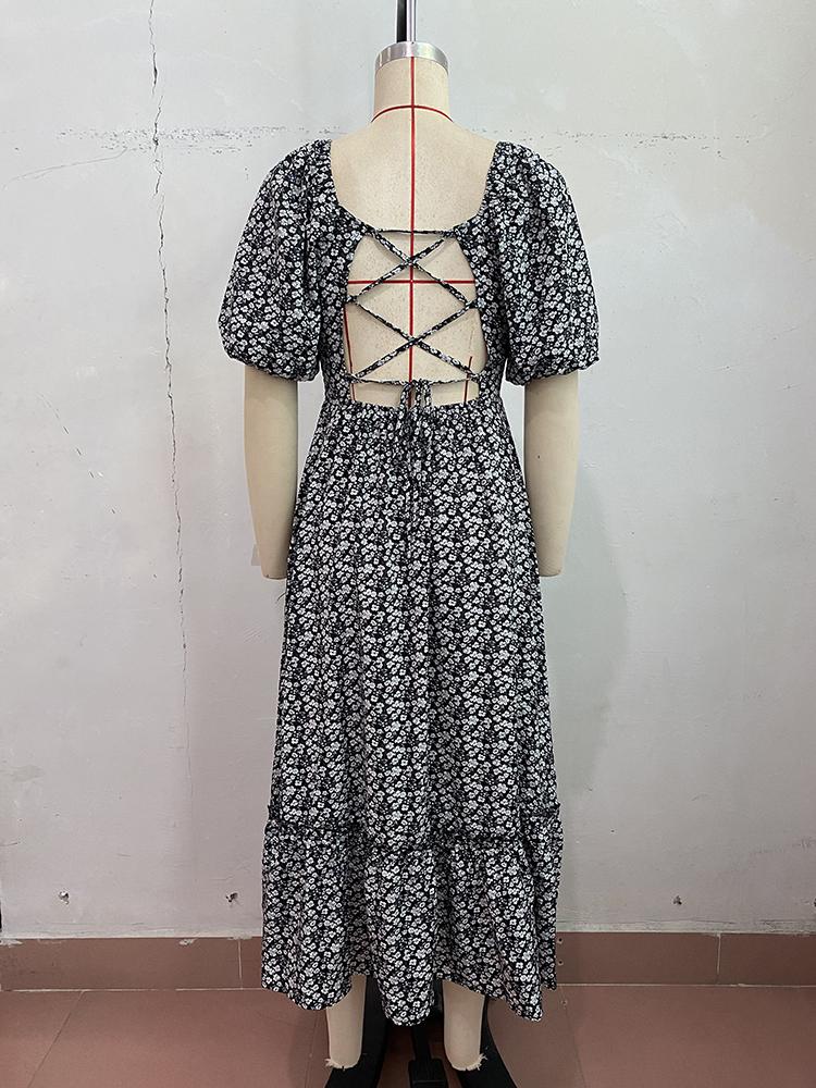 2024 летнее новое женское платье с квадратным вырезом и принтом, сексуальное платье с открытой спиной, длинные элегантные модные платья с короткими рукавами для дам