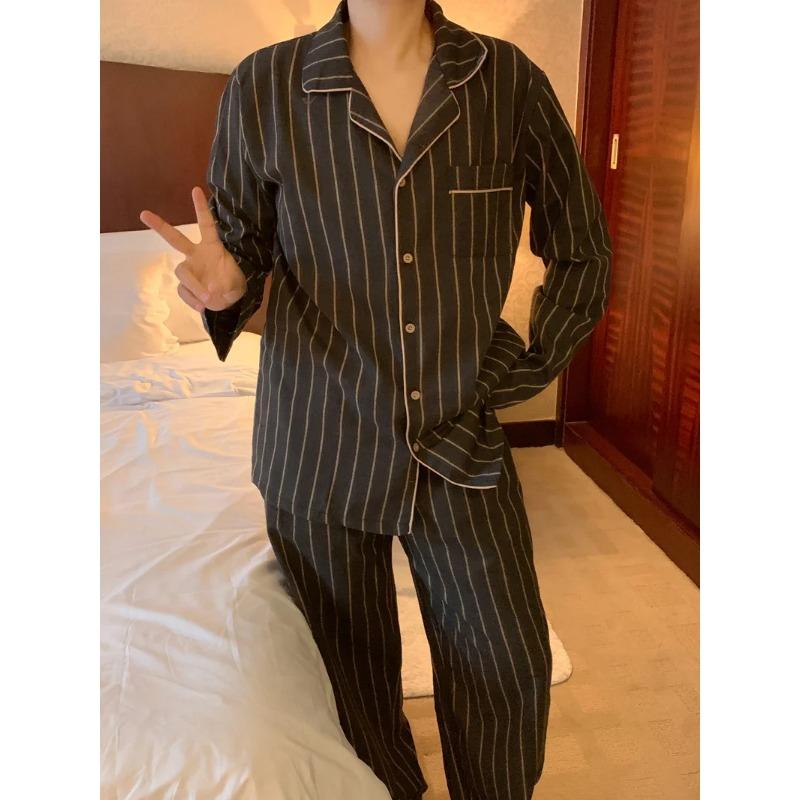 Пижамный комплект Sanding Striped Couple Sleepwear Осень-зима Пижамный комплект с длинными рукавами и брюками для сна Домашний костюм Удобная женская пижама