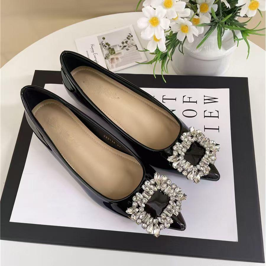 Rhinestone Soft-faced Square Buckle High Heels 2025 Summer New French Single Shoes Pointed Black Professional Commuter Leather Shoes Women