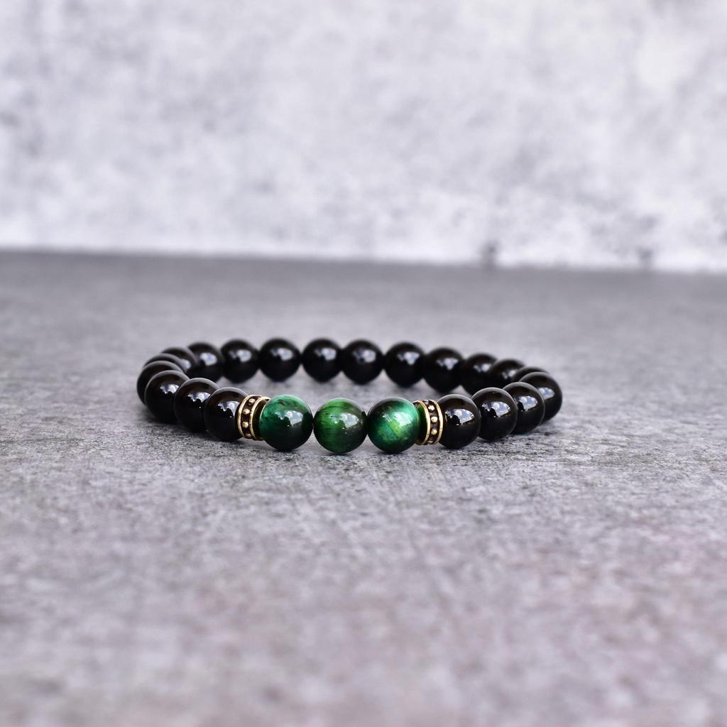 Natural green tiger's eye and onyx beaded bracelet Handmade healing gemstone bracelets for men two stone bracelet Unique gifts for him