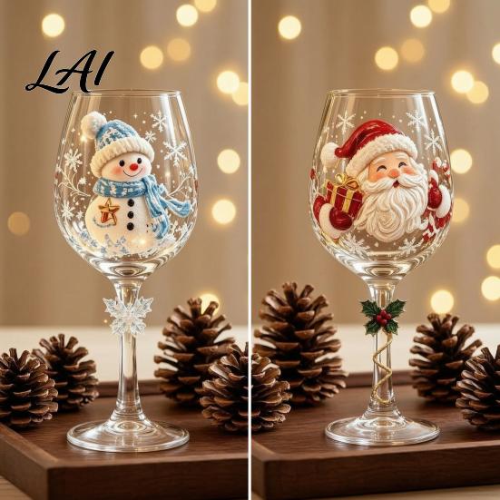 Artistic Tableware for Dining Christmas Wine Glass Santa Snowman Reindeer Stocking Tree Wreath Pattern Stemmed Red Goblets Holiday Glassware