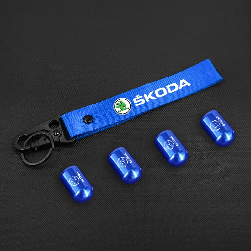 Car Wheel Tire Valve Stems Cap With Keychain Keyring Badge For Skoda Octavia Fabia Kamiq Superb Rapid Kodiaq Enyaq Citigo KaroqBE4