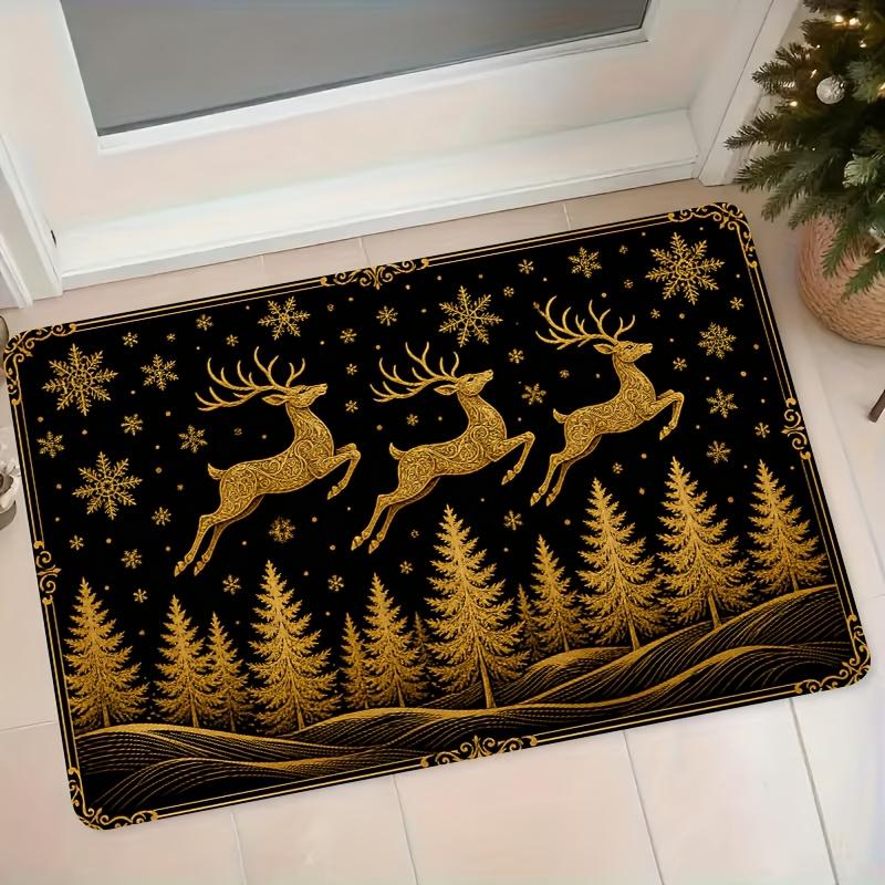 1pc Vintage Black Golden Christmas Reindeer Snowflake Pine Forest Flannel Mat Home Entrance Door Hallway Anti-Slip Foot Mat Bathroom Water-Absorbing W