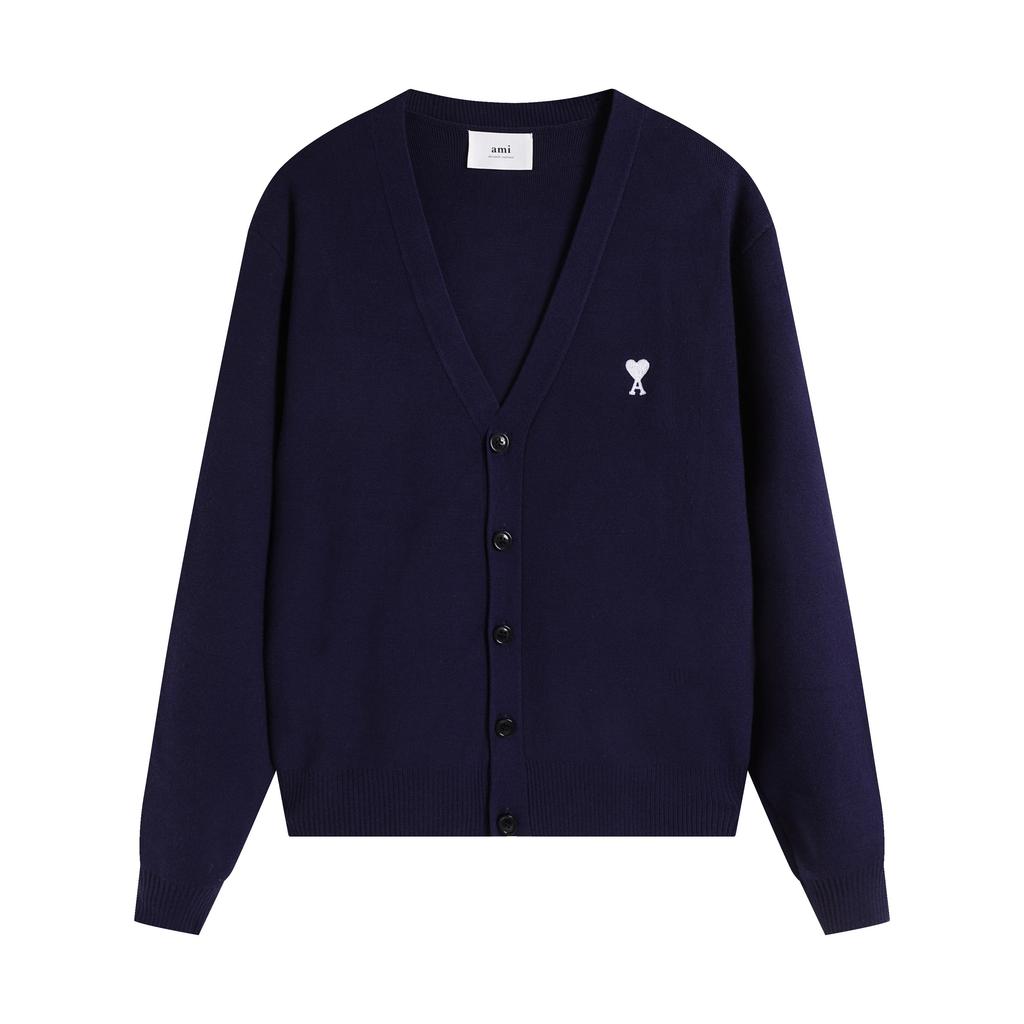 AMI Autumn and Winter New Little White Heart Alpaca Wool Blended Soft and Sticky Knitted Cardigan Round Neck Cloud Sweater Pocket Coat