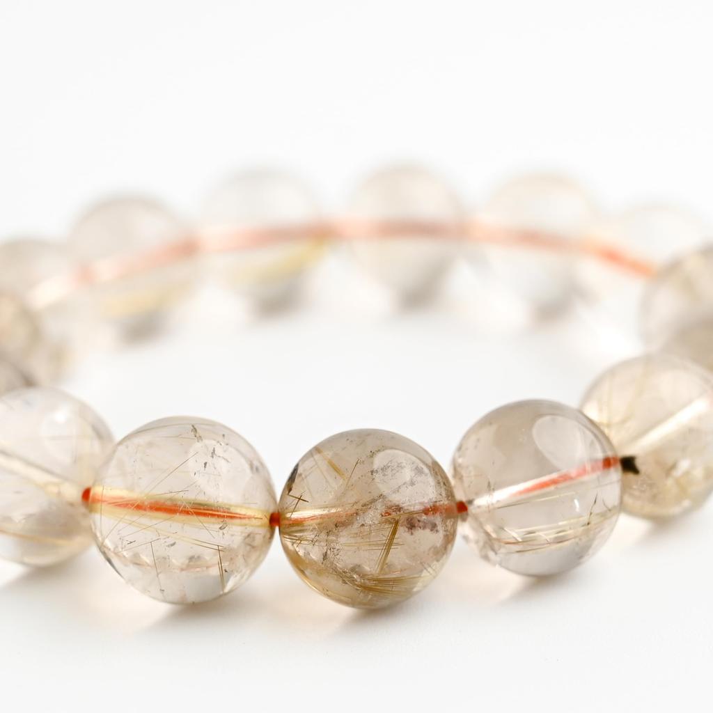 Eigado Rutilated Quartz 15mm 18cm Wrist Limited Natural Power Prayer Good Luck Feng Shui Bracelet, Stone, Circumference, One-of-a-Kind, Edition,