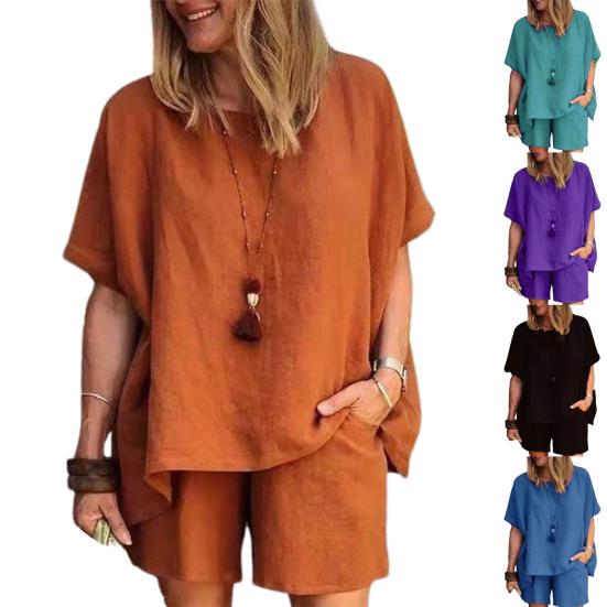 2 шт./компл. пуловер женский костюм с круглым вырезом плюс размер однотонный топ шорты костюм женский аксессуар