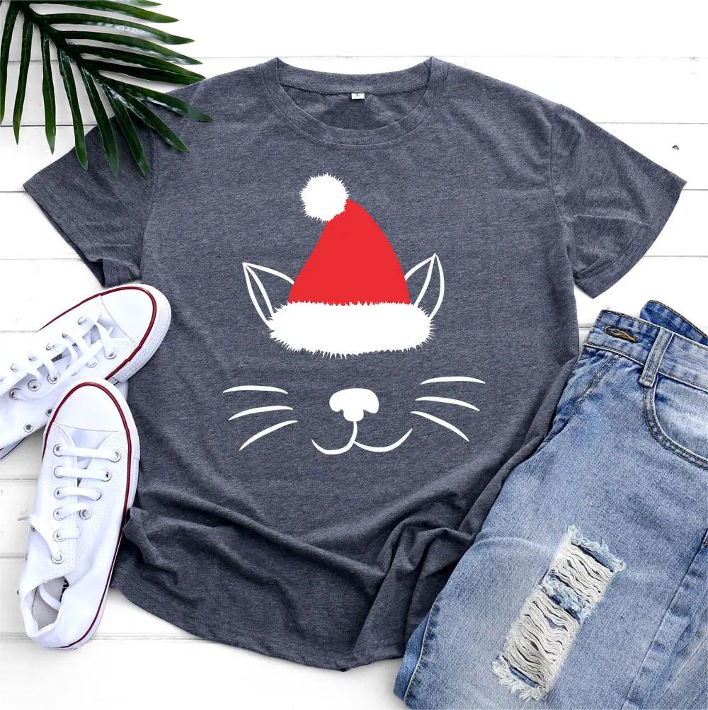 Christmas Hat Cat Face Print T Shirt Women Short Sleeve O Neck Loose Tshirt Women Tee Shirt Tops Camisetas Mujer