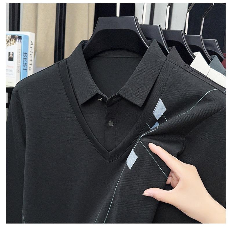 Men S Fake Two Piece Long Sleeve Polo Shirt Casual Solid Color Top