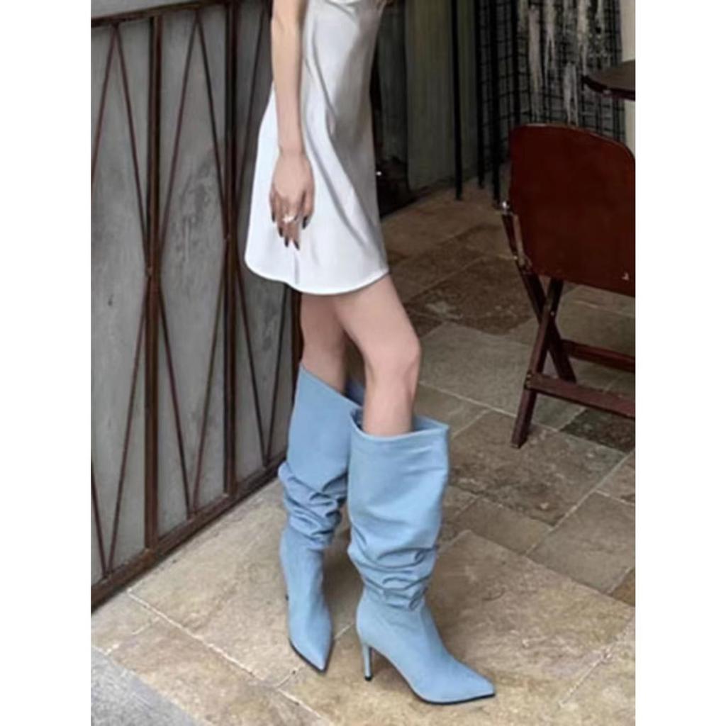 Широкое голенище, большой обхват голенища, джинсовые ботфорты-чулки, женские летние 2025, новые остроносые туфли на высоком каблуке, тонкий каблук, высокие ботфорты