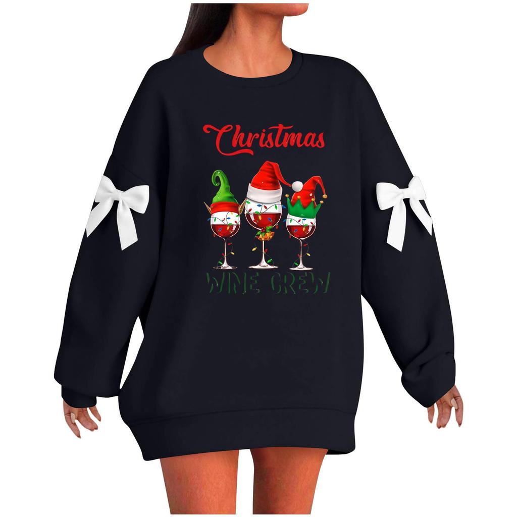 Ladies' Christmas Printed Bow Round Neck Long Sleeved Loose Pullover Sweater Sweatshirt Top