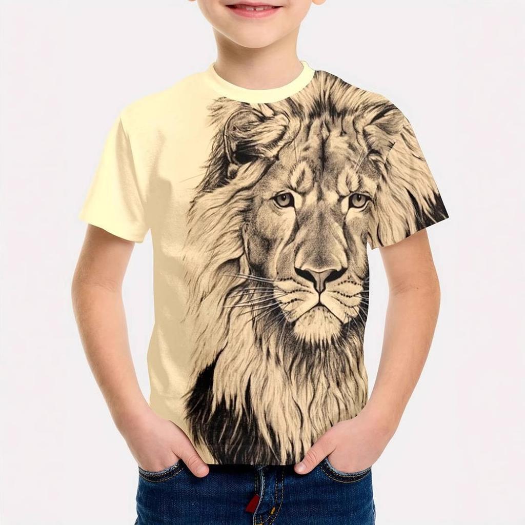 Summer Round Neck 3D Lion Pattern Printed Top Fashionable and Casual Short Sleeved Children's Boy T-shirts