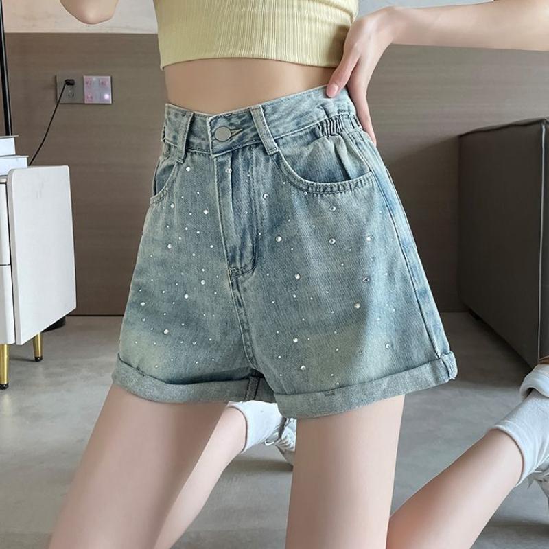 Летние подвернутые джинсовые шорты, женская мода, универсальные, горячие, ромбовидные, свободные, с высокой талией, широкие шорты