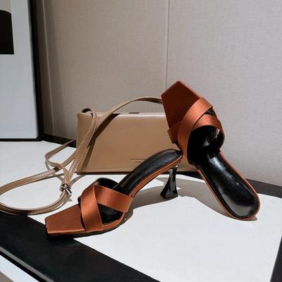 Новые босоножки с квадратным носком и открытым носком на высоком каблуке-шпильке с перекрестными ремешками, женская обувь, коричневый атлас, сексуальные высокие каблуки