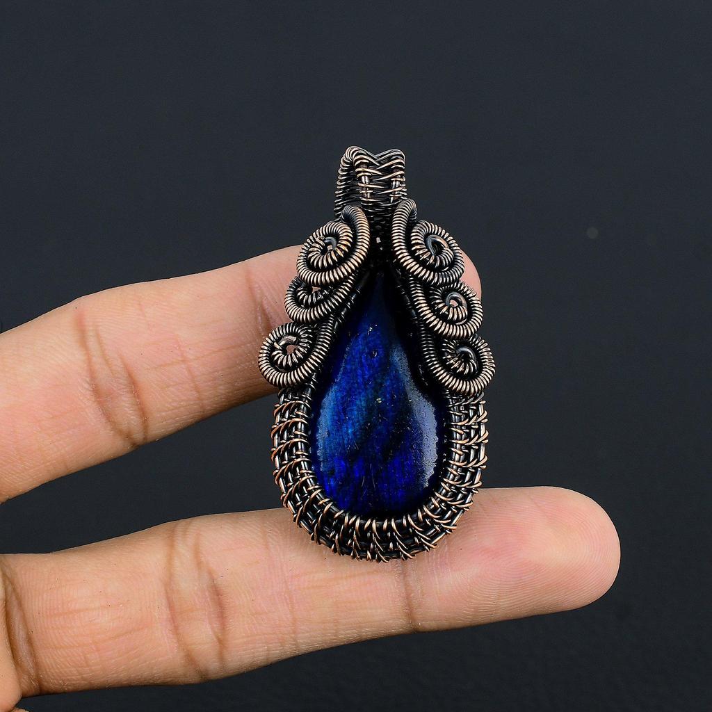 Blue Flash Labradorite Handmade Pendant, Natural Gemstone Jewelry, 999 Copper Wire Wrapped Pendant Jewelry, For Gift