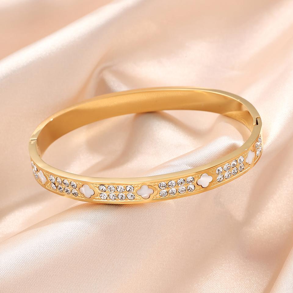 Htpwe Stainless Steel Four-leaf Clover Shell Inlaid Zirconium Bracelet Women's Plated 18k Gold Couple Holiday Bracelet Zircon