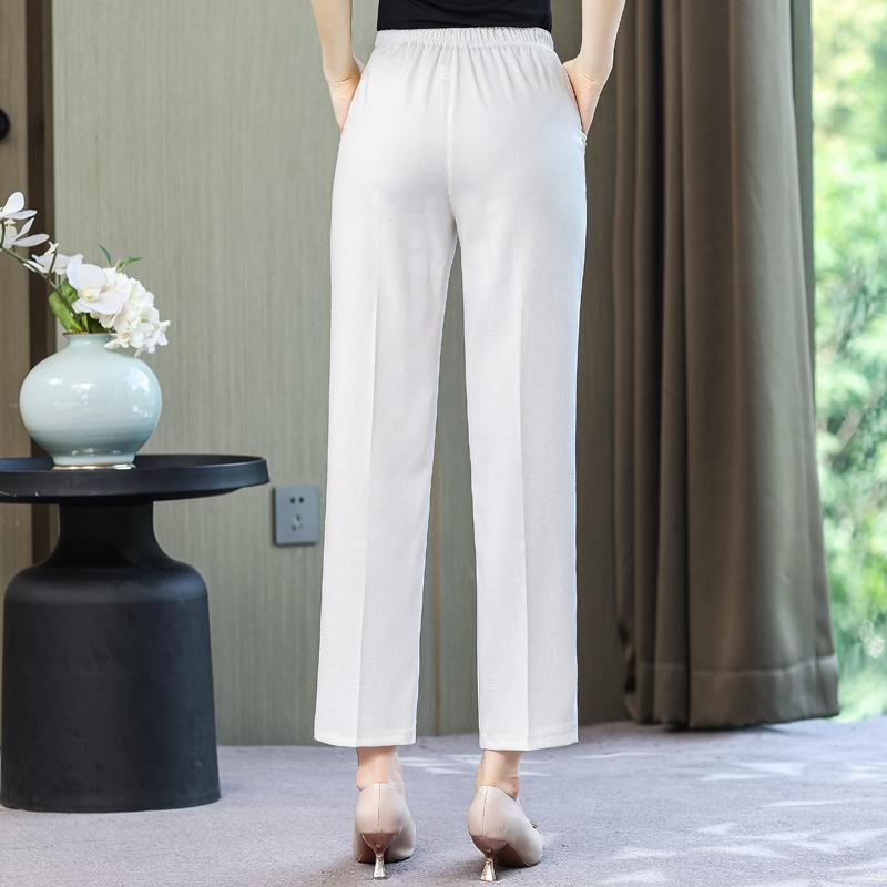 Summer High Waist Straight Pants for Women Plus Size Classic Elastic Waist Cotton Linen Trousers