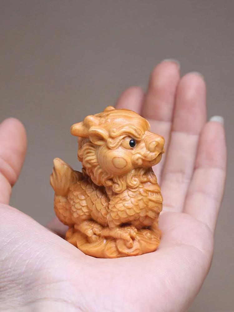 Natural Cypress Kirin Mascot Mini Statues Chinese Mythical Beasts Cute Home, Room, Office, Flower Pot Decoration Accessories