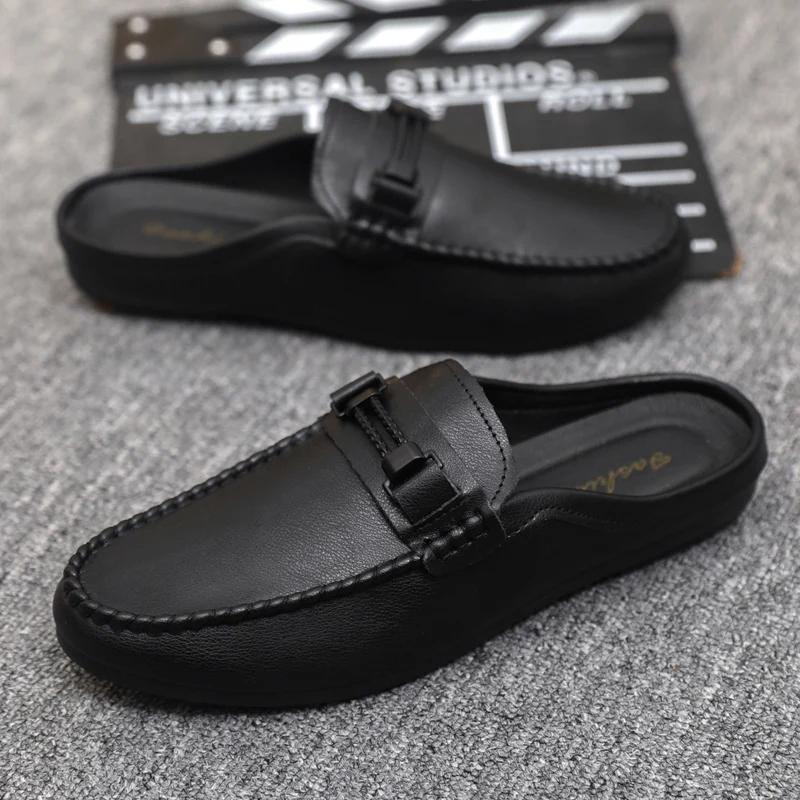 Fashion Summer Leather Men's Half-slipper Breathable Men's Casual Shoes Comfortable Walking Loafers Shoes