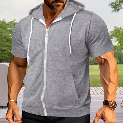 Мужская футболка с капюшоном на молнии, летняя футболка с коротким рукавом, однотонная футболка с полной молнией и карманами для повседневных занятий спортом, уличного спорта, спортзала
