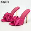 Fashion Eilyken 2025 New Arrival Silk Butterfly-knot High Heels Women Slippers Sandals Square Toe Party Mule Slides Shoes