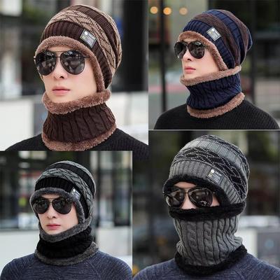 Модная зимняя шапка-бини для мужчин, вязаная шапка, зимняя шапка, шапочка для женщин, толстая шерстяная шапка с шарфом на шею, цветная маска, комплект шапок с капюшоном
