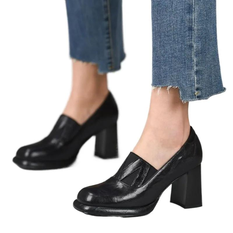 Модные женские туфли-лодочки в стиле ретро весна-осень на толстом квадратном каблуке, женские туфли-лодочки из коровьей кожи с квадратным носком во французском стиле