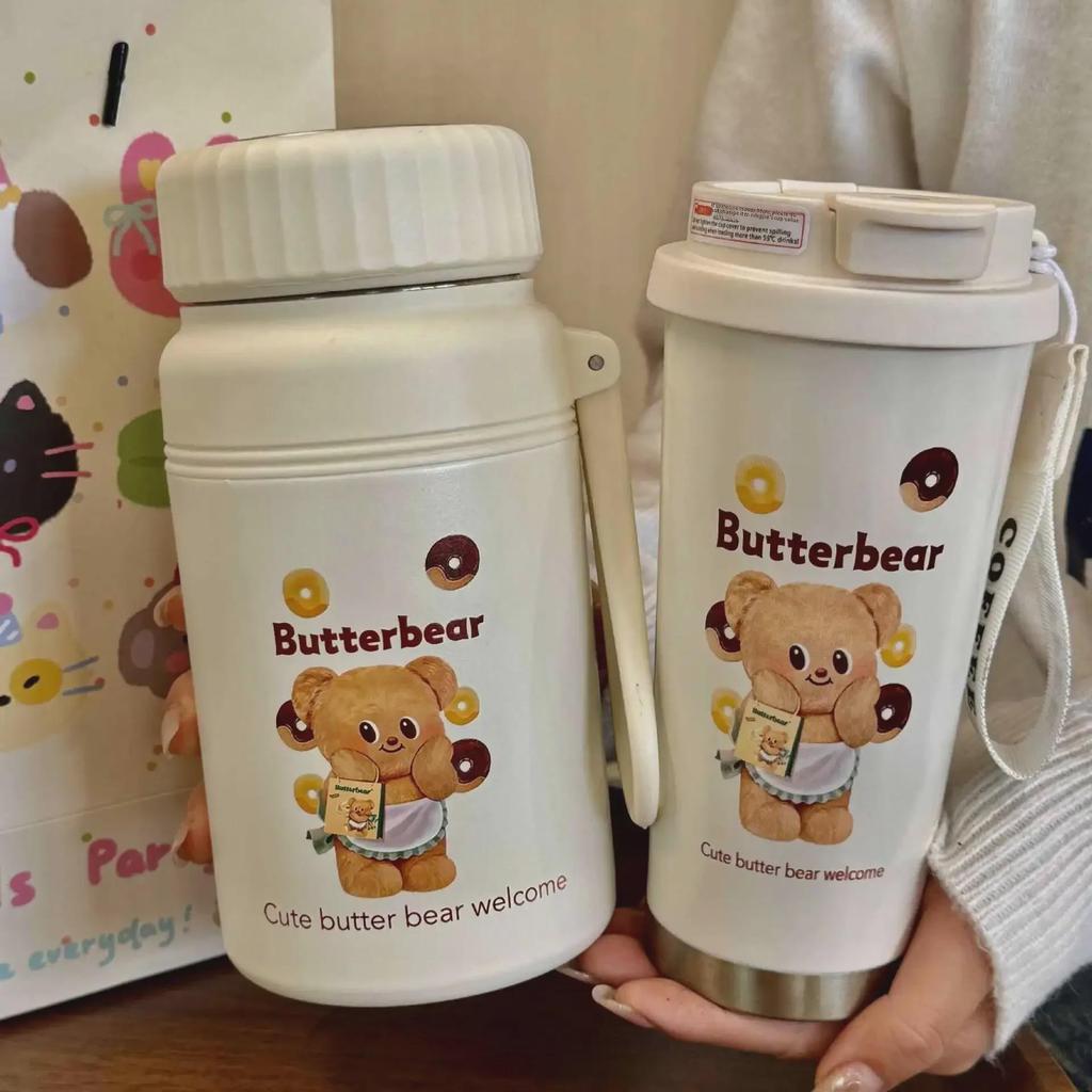 Термокружка-термос Cute Bear для студентов 2024 года — нержавеющая сталь, высококачественная, портативная, с трубочкой