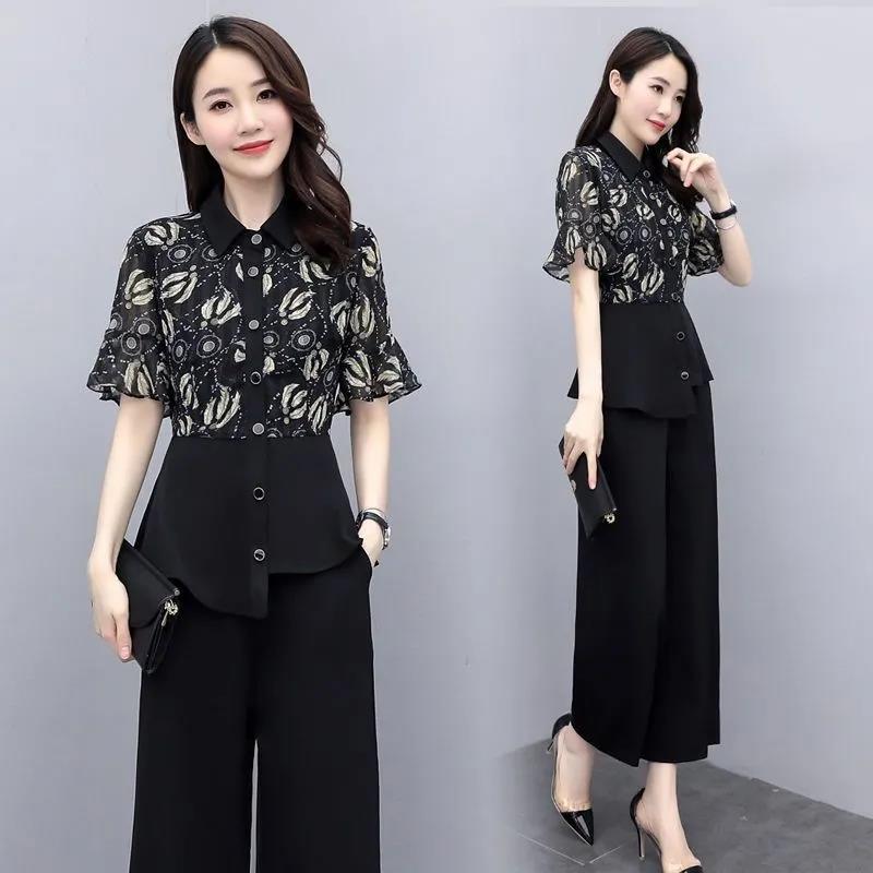 Костюм женский, тонкий, женский, рубашка с воротником-стойкой, широкие брюки, цельный шифоновый костюм, элегантный, темпераментный, для работы, можно носить