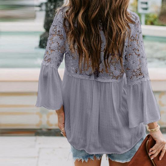 Женская блузка, сплошной цвет, кружевной пуловер, топ с расклешенными рукавами и V-образным вырезом