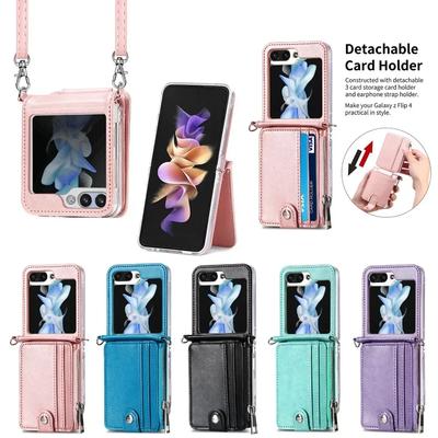 Съемный кошелек на молнии 2 в 1 для Samsung Z Flip 6 5 4 3 Flip6 Flip5 Flip4 Flip3 5G Чехол для телефона со слотом для карт и длинным ремешком
