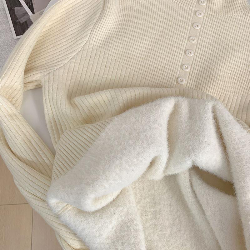 Трикотаж с полувысоким воротником, элегантные топы, женская мода, осень-зима, утолщенный внутренний свитер плюс флис, повседневный теплый пуловер