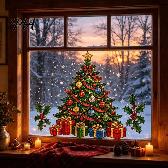Xmas Living Room Wall Art Christmas Window Stickers, Winter Holiday Decorations, Festive with Tree Wonderland Decor Snowman Angel Patterns for