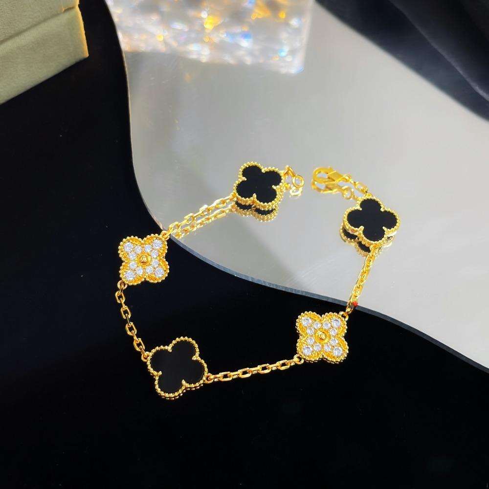 Браслет «Четырехлистный клевер» с пятью цветками, версия High, натуральный фиолетовый халцедон, лазерная CNC-резьба, 18 карат, не тускнеющий, женский браслет