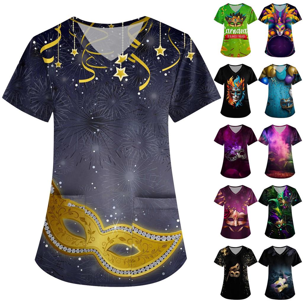 Women's Carnival Themed Outfit Party Mask Pattern Caregiver Top