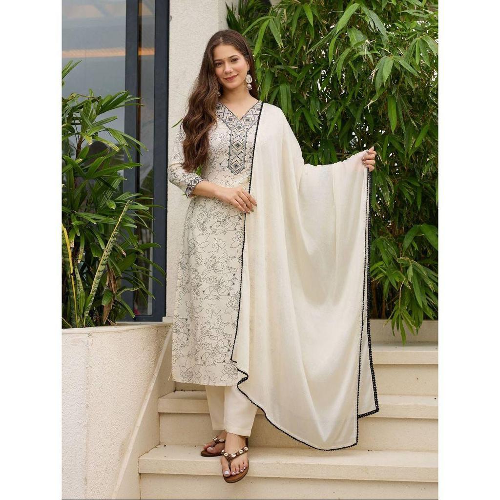 Women's Rayon Embroidered and Printed Straight Kurta with Pant And Dupatta Sets