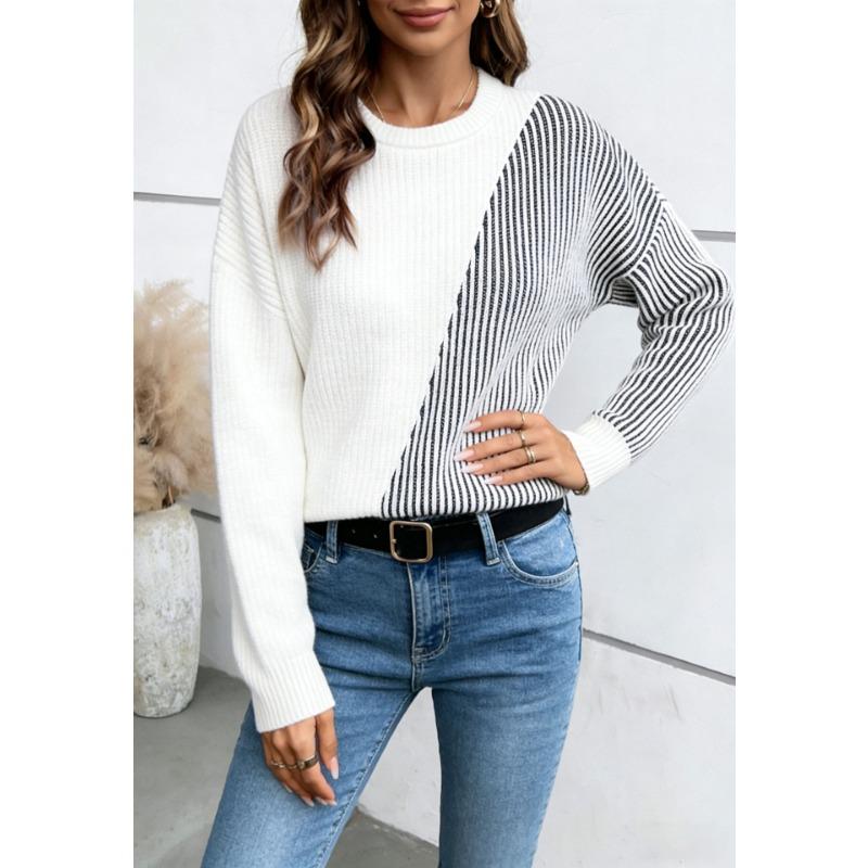 Women S Loose Fit Striped Color Block Long Sleeve Round Neck Knit Sweater