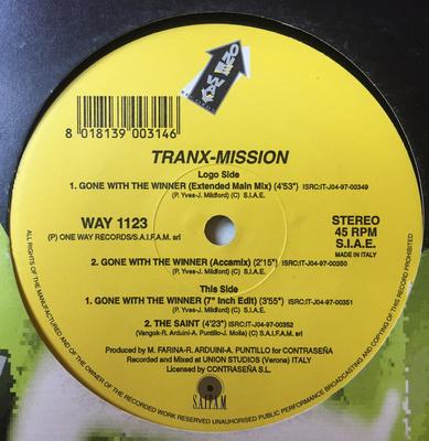 12-дюймовая пластинка TRANX-MISSION - Gone With The Winner WAY1123 One Way Records 1997 Италия Танцевальная и электронная музыка Б/У