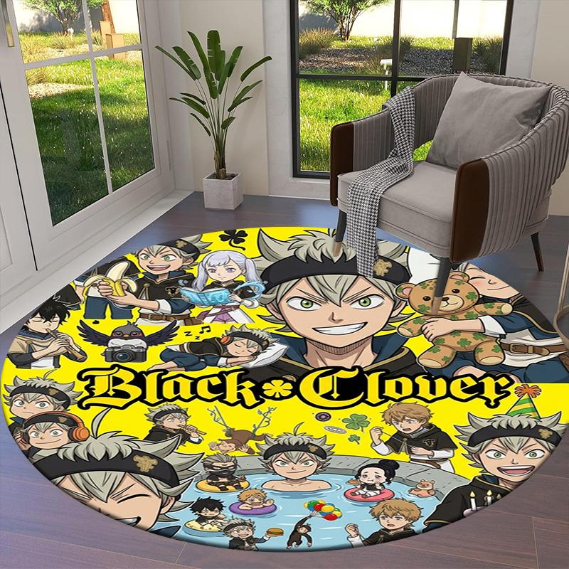 Black Clover Round Area Rug Carpet Rug For Living Room Bedroom Sofa Playroom Decor Nonslip Floor Mat